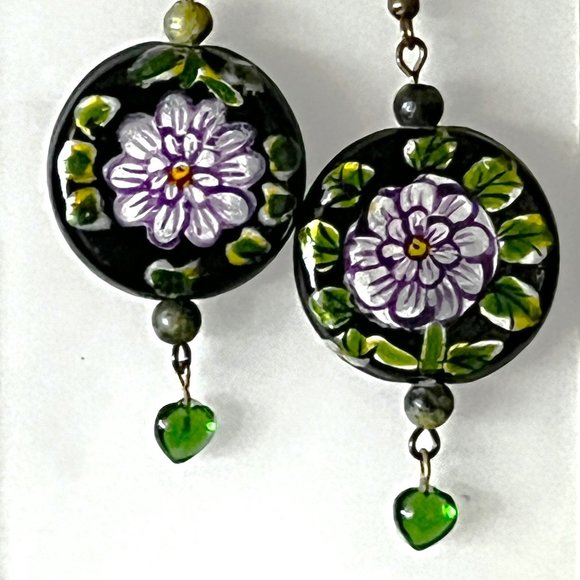 Purple Flowers, Green Leaves, Hearts & Brass Fishhook Ear Wires Dangle Earrings - Picture 3 of 4